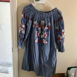 Light denim - Embroidered Off-Shoulder Dress-